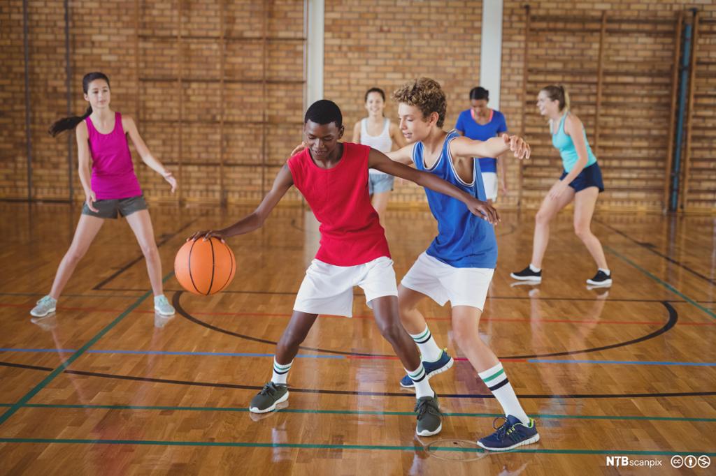 Ungdommer spiller basketball. Foto.