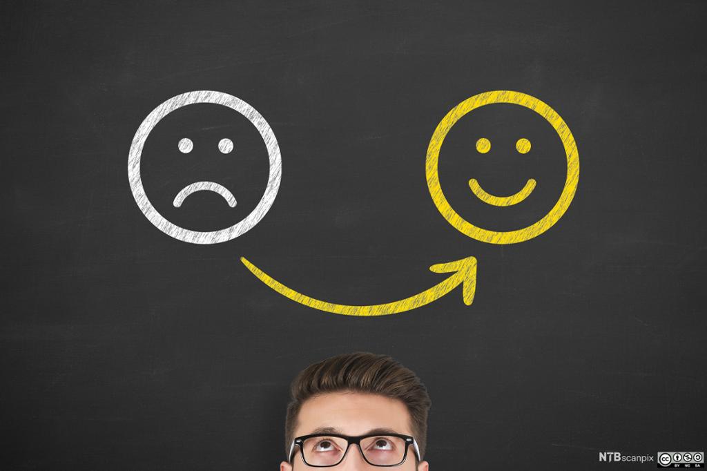 Person ser på to emojier på en tavle. Foto.