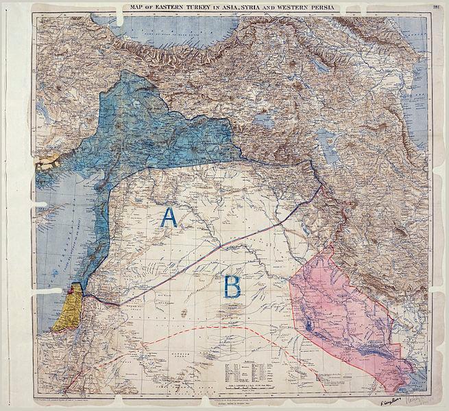 Kart over de arabiske områdene som viser oppdelingen mellom britiske og franske interesser i henhold til Sykes-Picot-avtalen. Kartet er signert Sykes og Picot. Områdene markert med A var franske interesseområder, områdene markert med B var britiske interesseområder. Foto av kart.