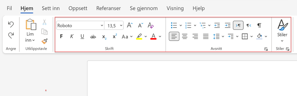 Eit dokument i Microsoft Word online med markert  verktøylinje for tekstformatering. Skjermbilete.