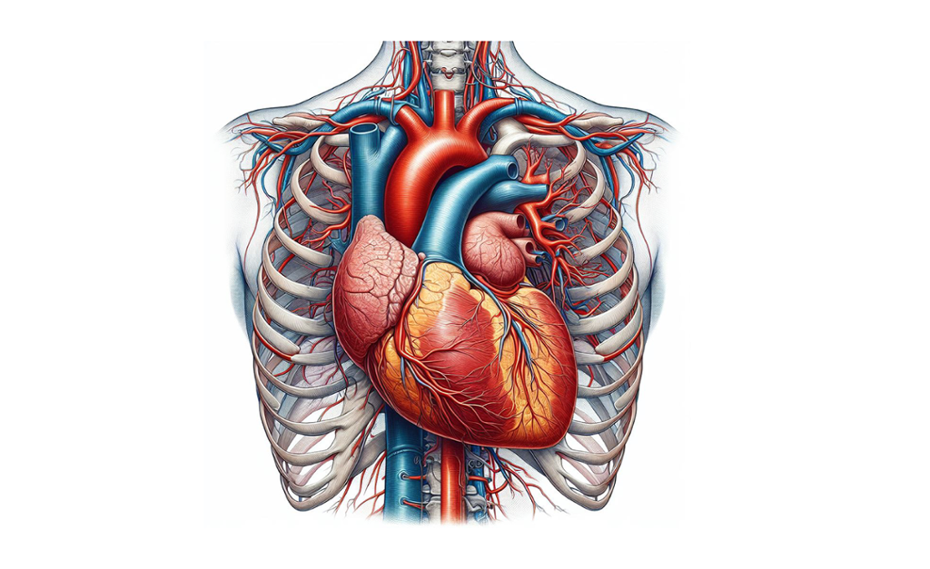 Anatomisk modell av noe som skal forestille et menneskehjerte. Hjertet ligger utenpå ribbein med blodårer som snirkler seg innimellom knoklene. KI-illustrasjon.