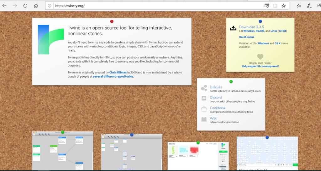 Startside i det opne verktøyet Twine. Bilete.