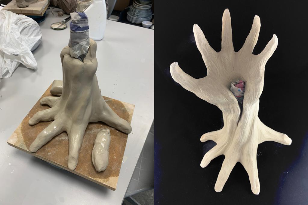 Modellering av ein skulptur som er inspirert av hender. Foto av prosess og ferdig produkt.