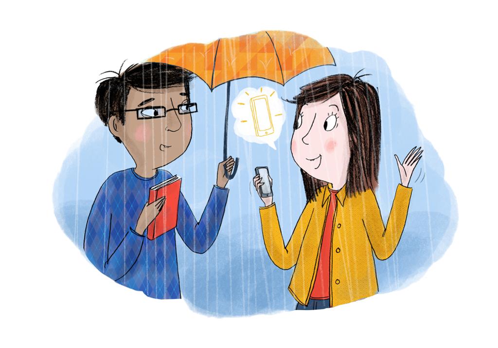 Asiatisk gutt snakker med vestlig jente i regnet. Illustrasjon.