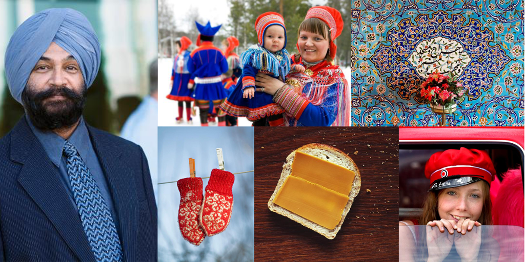 Samling av bilder med ulike kulturuttrykk: mann med turban, mor og barn i samiske klær, selbuvotter, brødskive med brunost, fargerik veggdekorasjon, jente i russelue. Foto.