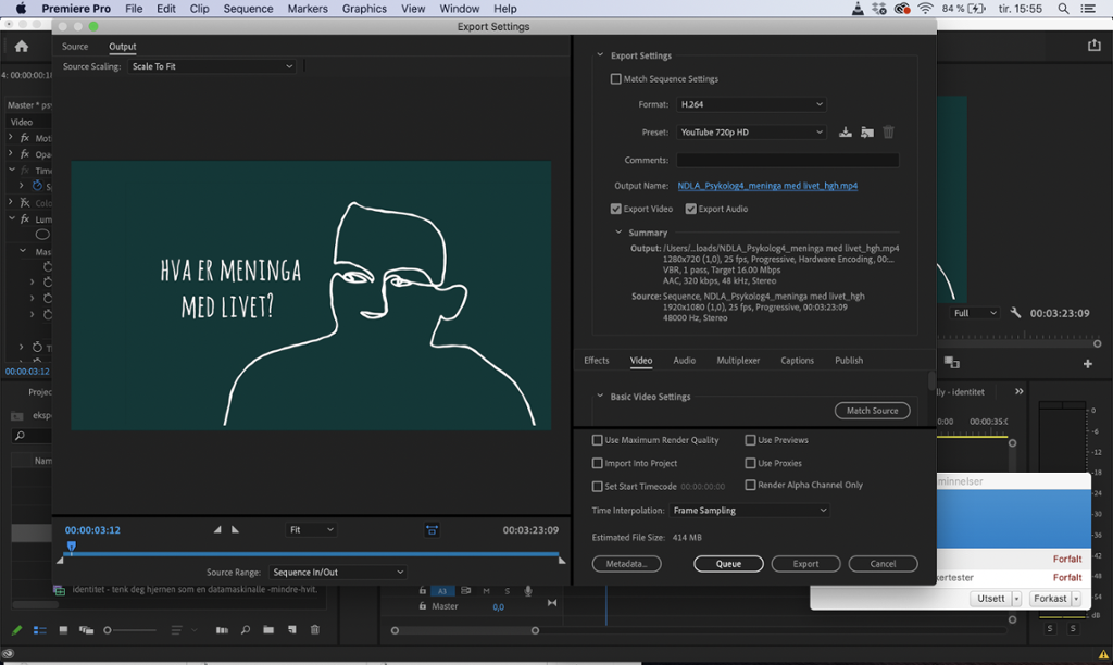 Eksportering av video fra Adobe Premiere. Skjermbilde.
