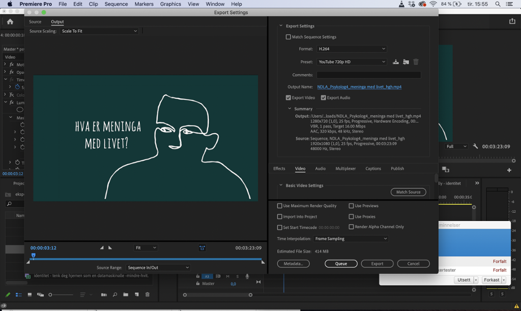 Eksportering av video i Adobe Premiere. Skjermbilete.