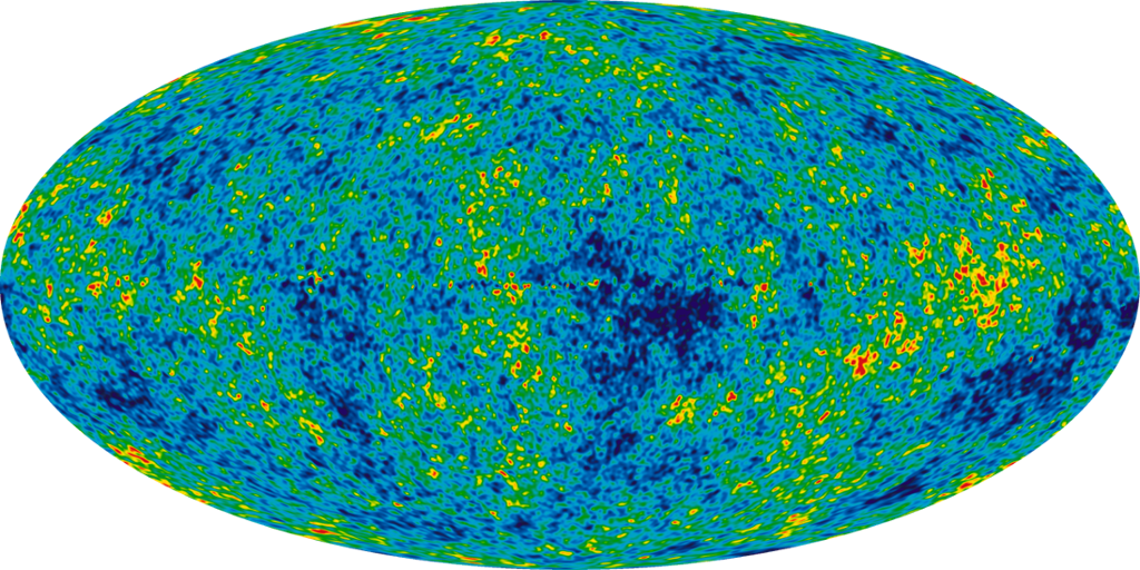 Universet vist som eit ellipseforma kart med fargar som indikerer temperaturvariasjonar. Illustrasjon.