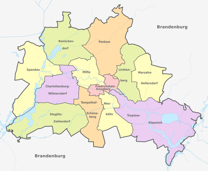 Kart over bydelene i Berlin i 2017.
