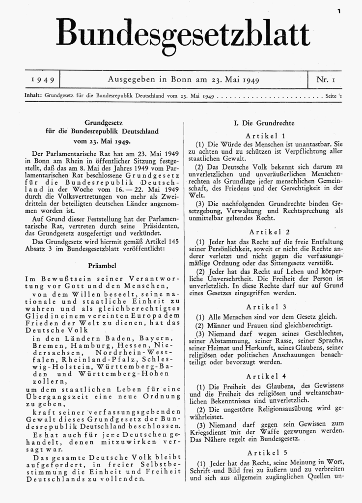 Første side av "Bundesgesetzblatt" som kunngjør den tyske grunnloven. Bilde.