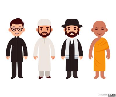 Prest kledd i svart, rabbiner med svart hatt, imam med hvit lue og buddhistmunk kledd i gult. Illustrasjon.