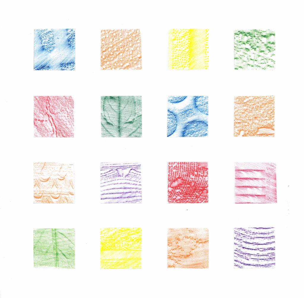 16 kvadrater med forskjellige visulle teksturer laget med frottasjeteknikk i ulike farger. Illustrasjon.