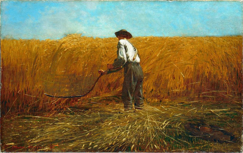 Painting: We see a man with a scythe. He is cutting a field of grain. The sky is blue. He is wearing a white shirt, grey trousers, and a hat. 