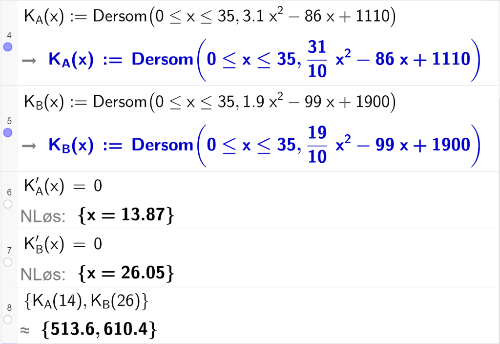 Skjermutklipp av CAS-utregning med GeoGebra. På linje 4 er funksjonen K A av x i oppgaven skrevet inn. På linje 5 er funksjonen K B av x i oppgaven skrevet inn. På linje 6 er likningen K A derivert av x lik 0 løst. Svaret med "N Løs" er x er lik 13,87. På linje 7 er likningen K B derivert av x lik 0 løst. Svaret med "N Løs" er x er lik 26,05. På linje 8 er K A av 14 og K B av 26 regnet ut. Svarene med tilnærming er 513,6 og 610,4.  