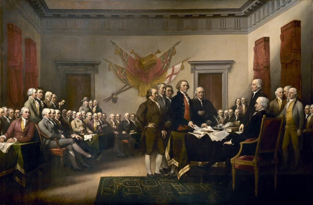 Painting: We see five men stand in front of a desk. A man is seated behind the desk. There is an elaborate decoration of flags in the back of the room. There are rows of seated men. All the men wear wigs, except the five who are standing.