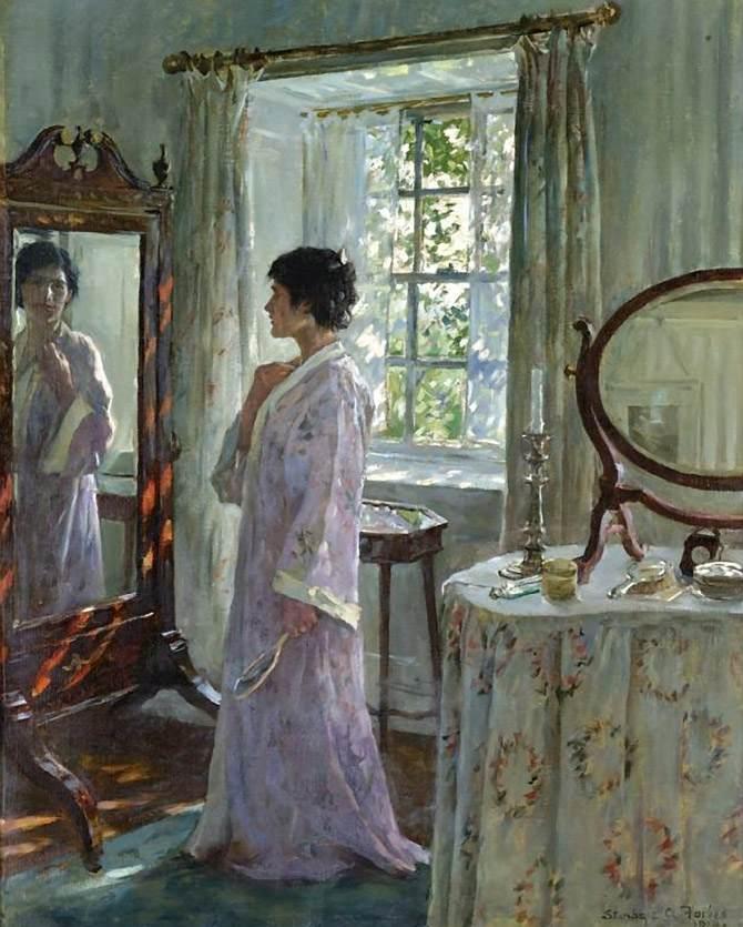 Painting: We see a woman in a lavish morning coat, she is standing in front of a large mirror, her reflection is seen. The woman has a mirror in her hand. There is also a mirror on a  tall table to the right of the woman. Behind her there is a window. 