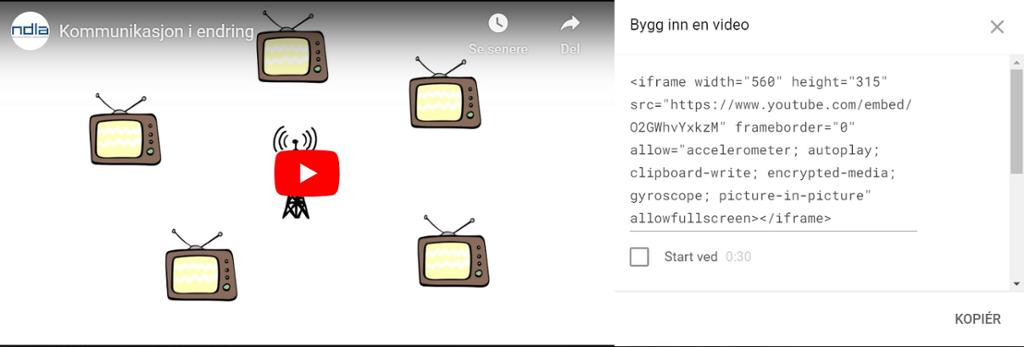 Dialogboks i YouTube for å bygge inn video. Til venstre er et bilde av en video og en rød avspillerknapp. Til høyre står teksten "Bygg inn en video" og en lengre kode. Skjermbilde.