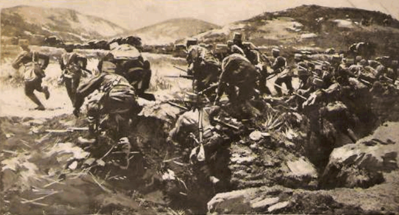 Soldater stormer opp fra en skyttergrav under den gresk-tyrkiske krigen i 1920. Foto.
