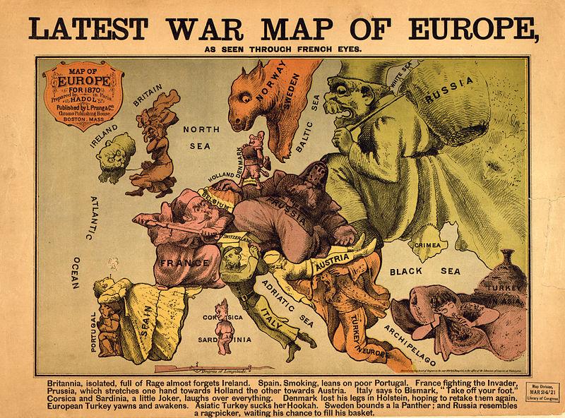 Satirisk tegnet kart over Europa 1870. Tittelen er Det siste krigskart over Europa. Illustrasjon.