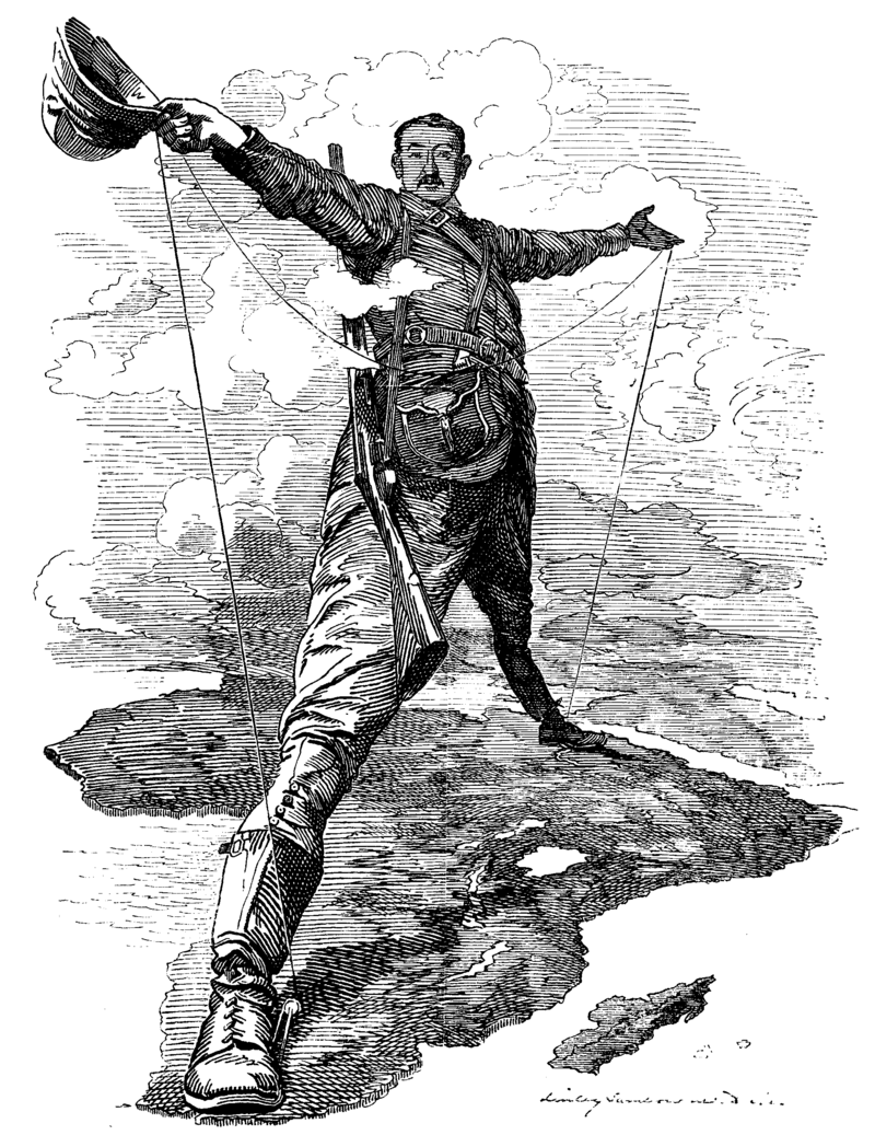 Karikaturtegning av Cecil Rhodes som står og tårner over Afrika. Karikaturtegningen er svært kjent og har navnet "the Rhodes Colossus". Illustrasjon.