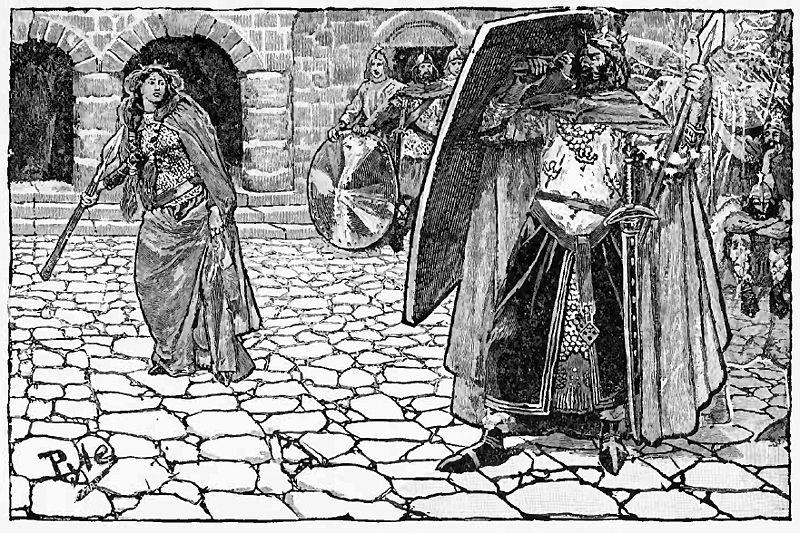 Scene fra Nibelungeneposet. Brünhilde kaster et sverd mot Gunthers skjold. Illustrasjon.