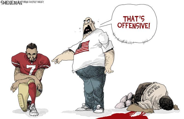 Colin Kaepernick taking a knee. A black man lies shot and dead beside him. A white middle age man points at Colin Kaepernick, telling him that taking a knee is offensive. 