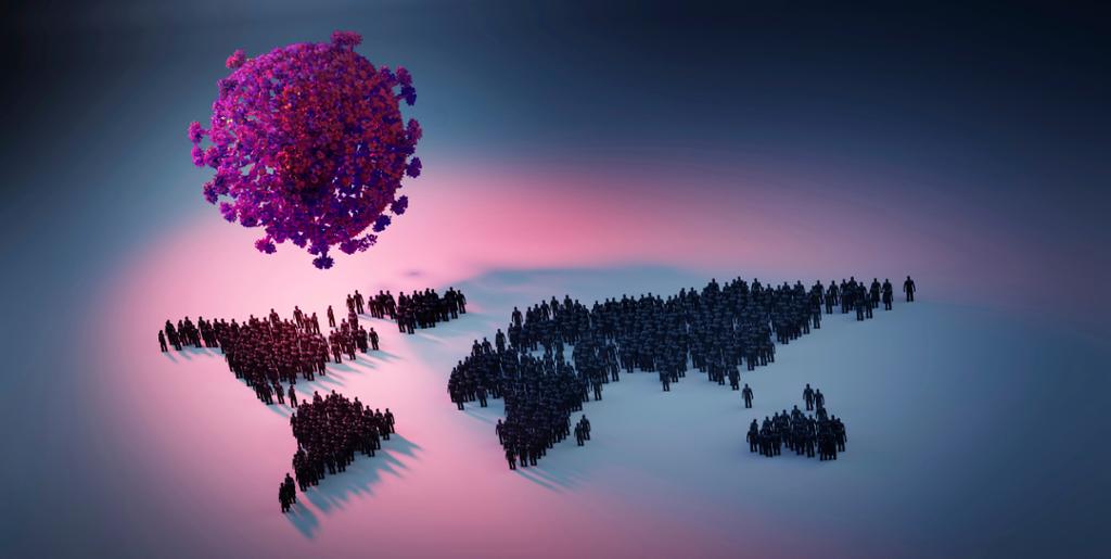 Illustration: A virus hanging above a map of the world made out of standing people. The colours are greyish blue and light and dark purple.
