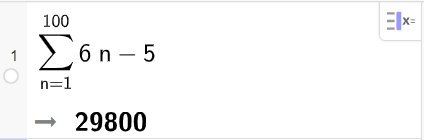 Utsnitt av CAS i GeoGebra. Linje 1 finner summen av rekka gitt ved 6 n minus 5 fra n lik 1 til 100. Svaret er 29800. Skjermutklipp. 