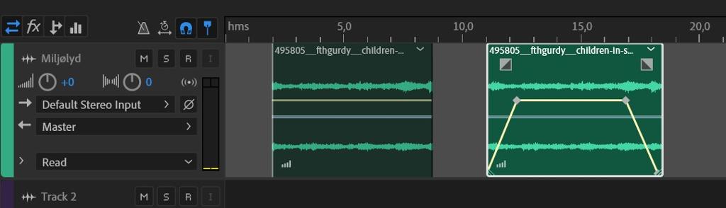 Lydklipp med og uten fade i lydprogrammet Audition. Skjermbilde.
