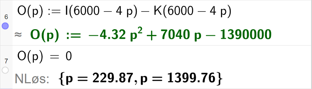 Skjermutklipp av CAS-utregning med GeoGebra. På linje 6 er overskuddsfunksjonen O av p kolon er lik I av parentes 6000 minus 4 p parentes slutt minus K av parentes 6000 minus 4 p parentes slutt skrevet inn. På linje 7 er likningen O av p er lik 0 skrevet inn. Svaret med "N Løs" er p er lik 229,87 eller p er lik 1399,76.