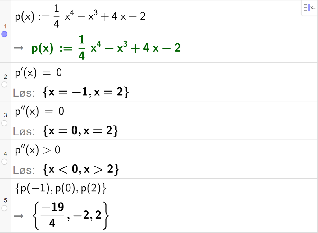 CAS-utregning med GeoGebra. På linje 1 er det skrevet p av x kolon er lik 1 firedels x i fjerde minus x i tredje pluss 4 x minus 2. Svaret er det samme. På linje 2 er det skrevet p derivert av x er lik 0. Svaret med "Løs" er x er lik minus 1 eller x er lik 2. På linje 3 er det skrevet p dobbeltderivert av x er lik 0. Svaret med "Løs" er x er lik 0 eller x er lik 2. På linje 4 er det skrevet p dobbeltderivert av x større enn 0. Svaret med "Løs" er x mindre enn 0 eller x større enn 2. På linje 5 er det skrevet sløyfeparentes p av minus 1 komma, p av 0 komma, p av 2 sløyfeparentes slutt. Svaret er sløyfeparentes minus 19 delt på 4 komma, minus 2 komma 2 sløyfeparentes slutt. Skjermutklipp.