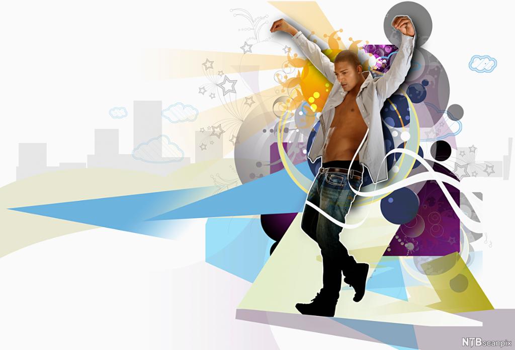 Dansende mann med åpen skjorte og hevede armer omgitt av ulike former. Grafikk.