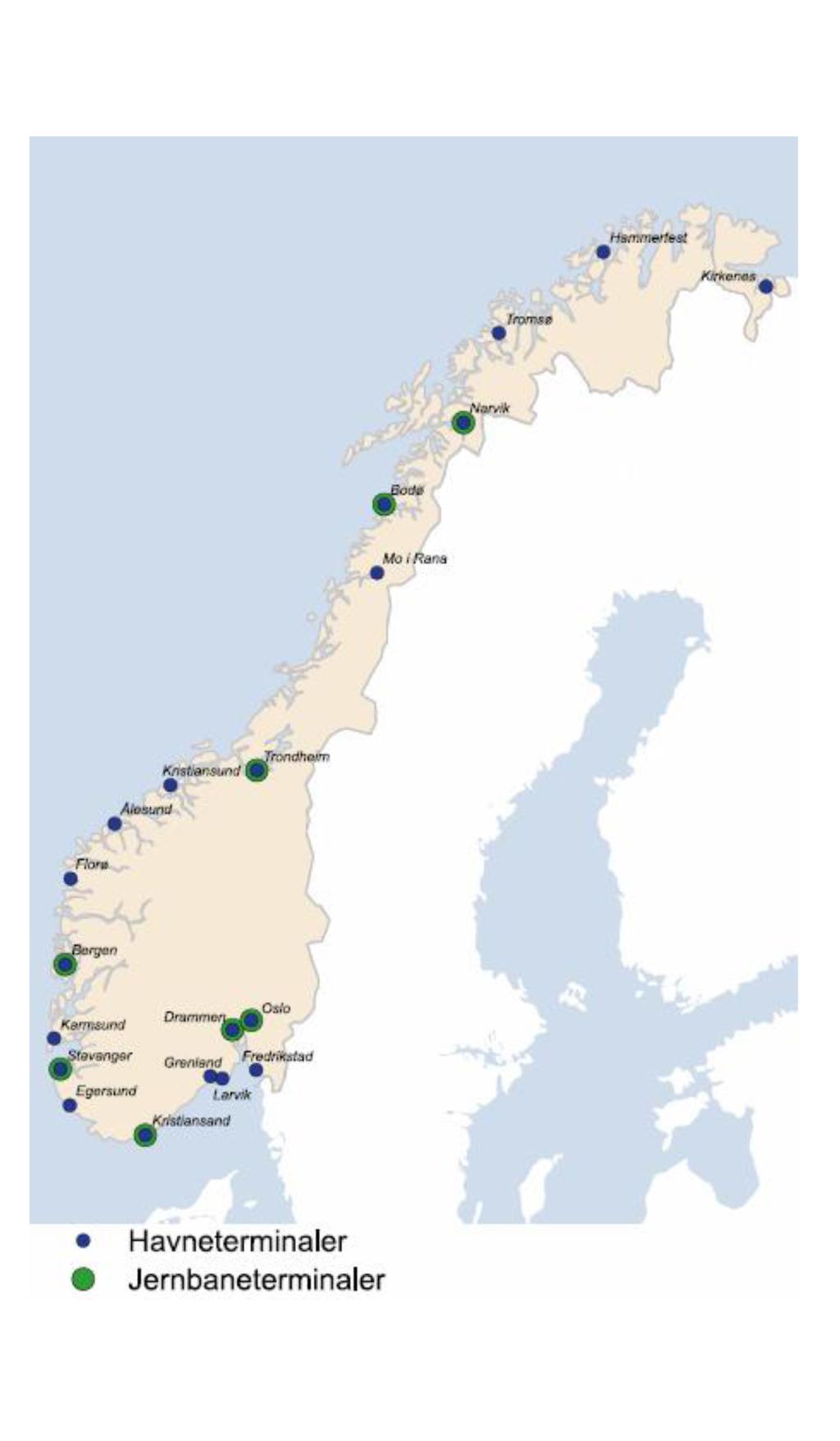 Kart viser havne- og jernbaneterminaler i Norge. foto.