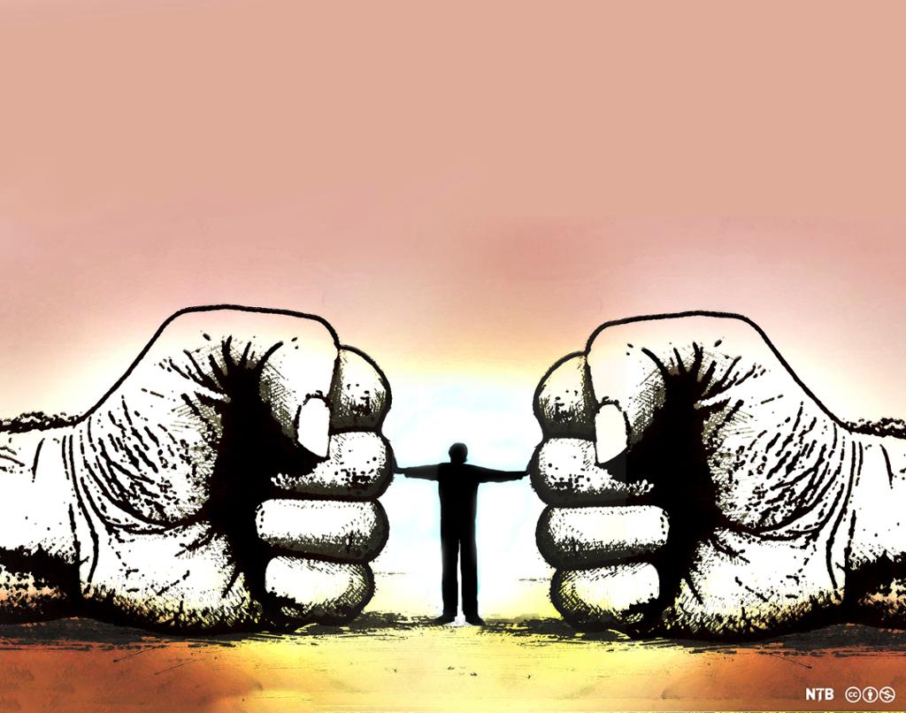 Illustration: A person stand between two clenched fists, holding them apart. There is a golden glow around the person. 
