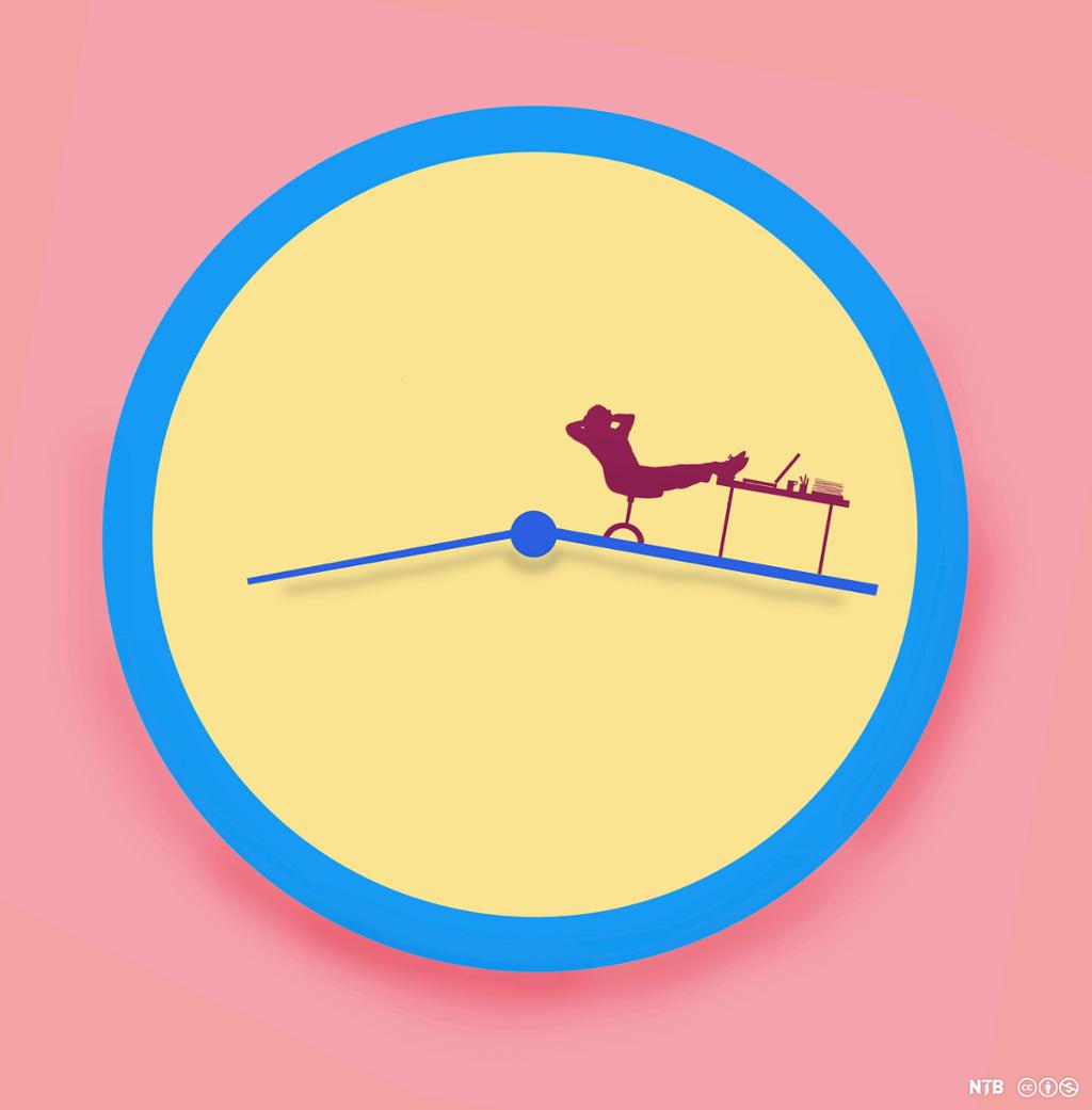 A blue clock on a pink background. A person is sitting on a chair with their legs on a desk on the hour hand of the clock. Illustration. 