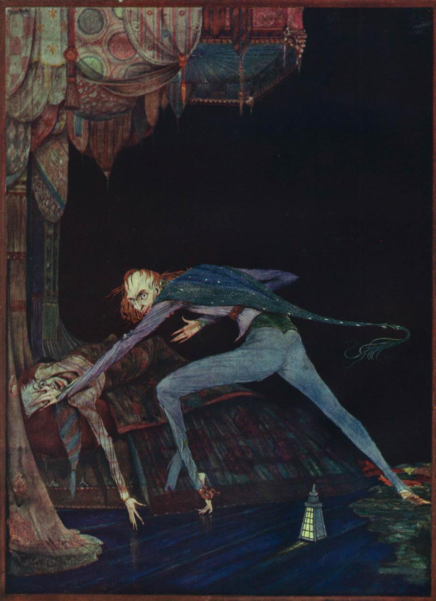 Painting: A very skinny man is attacking a man who is lying down. The skinny man is grabbing the man's eye. There is a lamp on the floor.
