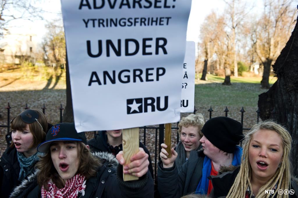 Ei lita gruppe ungdommar demonstrerer. Ein gut held ein plakat med teksten: "Advarsel: ytringsfrihet under angrep". Foto.