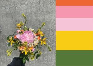 Foto av brudebukett og fargepalett med farger fra blomstene. Illustrasjon.