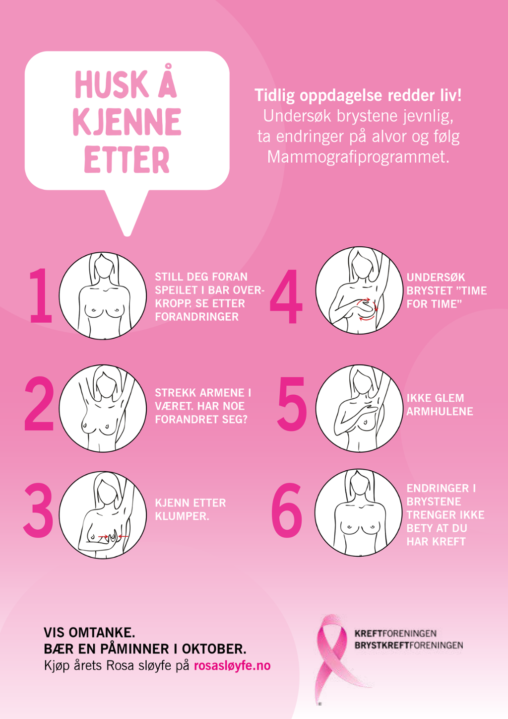 Rosafarget plakat fra Kreftforeningen og Brystkreftforeningen i forbindelse med Rosa sløyfe-aksjonen. Seks tegninger viser hvordan kvinner kan undersøke brystene sine selv. Øverst står det "Husk å kjenne etter". Illustrasjon.