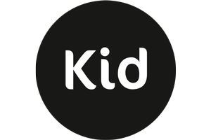 Kid-logo. Svart sirkel og ordet Kid med kvit skrift inni sirkelen. Illustrasjon. 