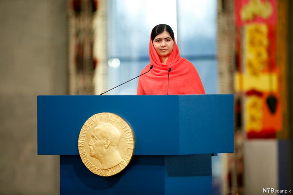 Malala Yousafzai fra Pakistan vart i 2014 tildelt Nobels fredspris, som den yngste prisvinnaren nokon gong. Foto.
