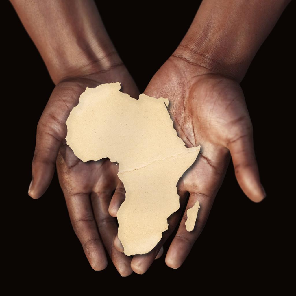 The black hands of an African man holding an African map in the palm of his hands. Illustration.