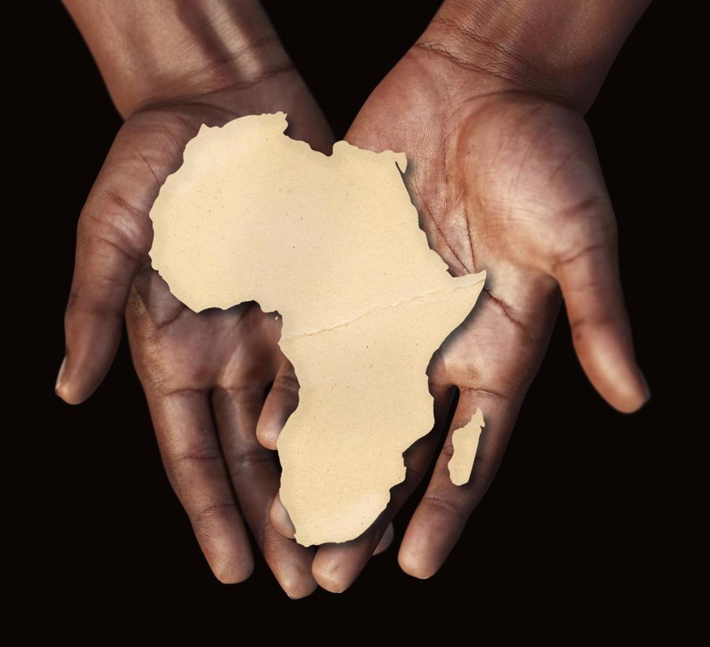 The black hands of an African man holding an African map in the palm of his hands. Illustration