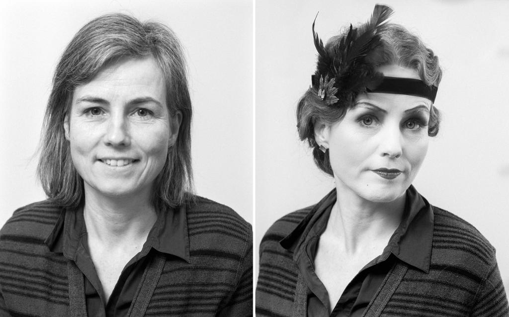 To foto i svart-hvitt som begge viser et portrett av den samme kvinnen. På bildet til venstre har hun ikke sminke på, mens på bildet til venstre har hun kraftig øyesminke, mørk lebestift, bølgete, oppsatt hår og et hårbånd pyntet med fjær. Kollasj. 