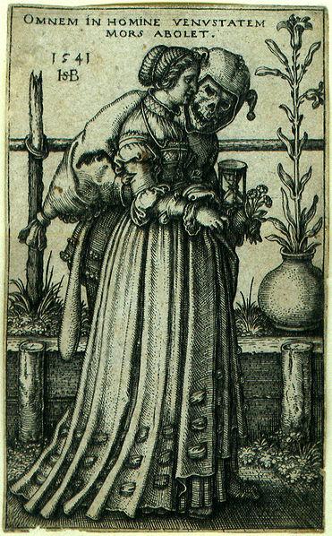 En kvinne blir fulgt av et skjelett som holder et timeglass foran henne. Gammel illustrasjon.
