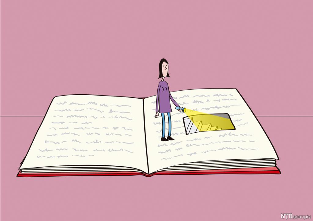 En kvinne som står inne i ei bok og lyser opp ei trapp med lommelykt. Illustrasjon.