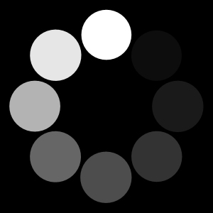 En svart firkant med åtte sirkler i en ring. Sirklene veksler mellom å være hvite, grå og svarte og går rundt i ring. GIF-animasjon.
