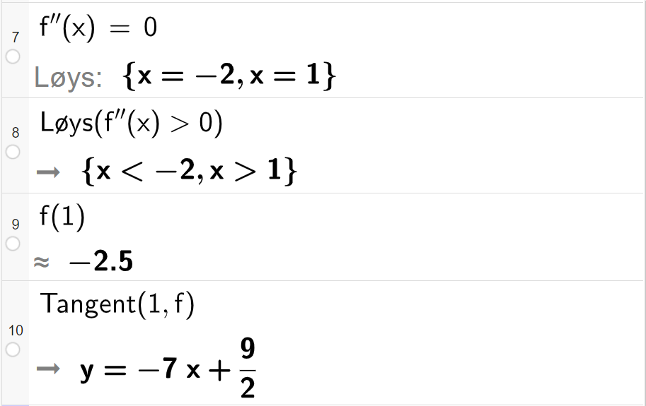 CAS-utrekning med GeoGebra. På linje 7 er det skrive f dobbeltderivert av x er lik 0. Svaret med "Løys" er x er lik minus 2 eller x er lik 1. På linje 8 er det skrive "Løys" parentes f dobbeltderivert av x større enn 0 parentes slutt. Svaret er x mindre enn minus 2 eller x større enn 1. På linje 9 er det skrive f av 1. Svaret med tilnærming er minus 2,5. På linje 10 er det skrive "Tangent" parentes 1 komma, f parentes slutt. Svaret med tilnærming er y er lik minus 7 x pluss 4,5. Skjermutklipp.