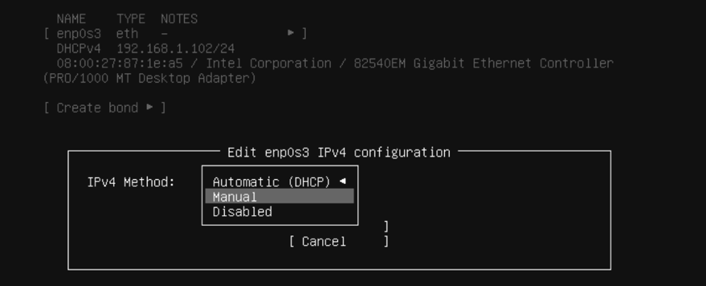 Undermeny under IPv4 som lar brukeren velge DHCP eller manuell konfigurasjon. Skjermbilde fra Ubuntu Server 20.04.