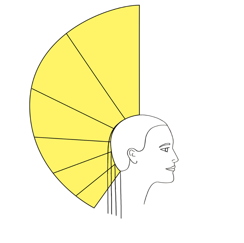 Profil med gult felt som viser graderte lengder på håret. Illustrasjon.